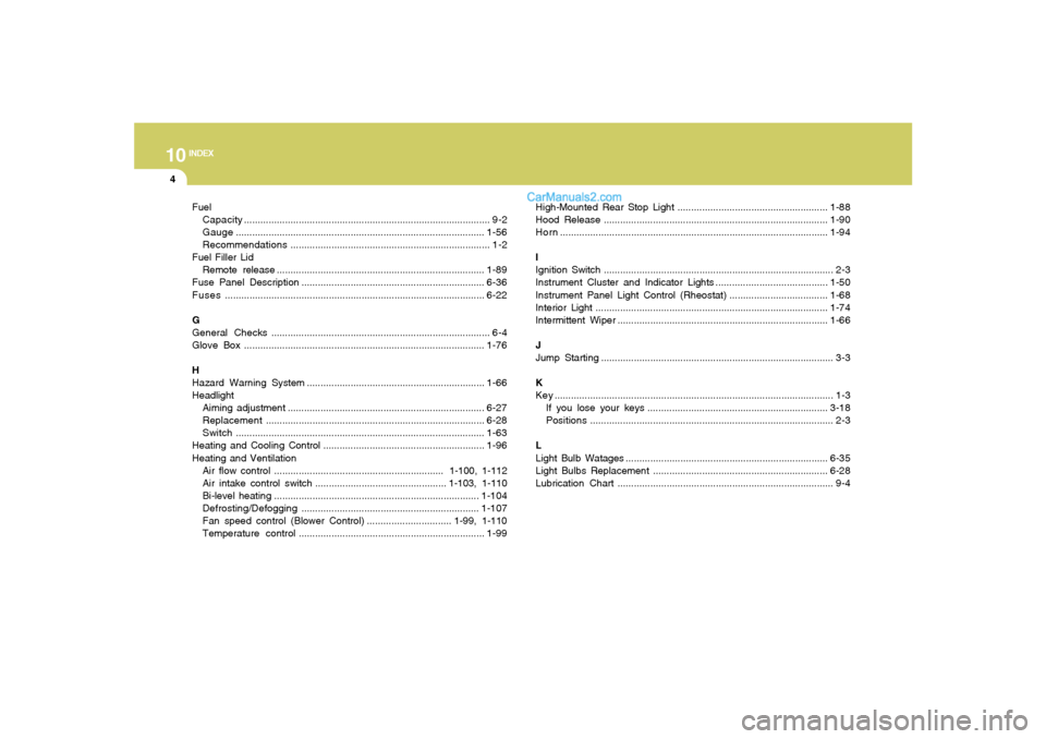 Hyundai Sonata 2007  Owners Manual 10
INDEX
4
Fuel
Capacity.......................................................................................... 9-2
Gauge............................................................................