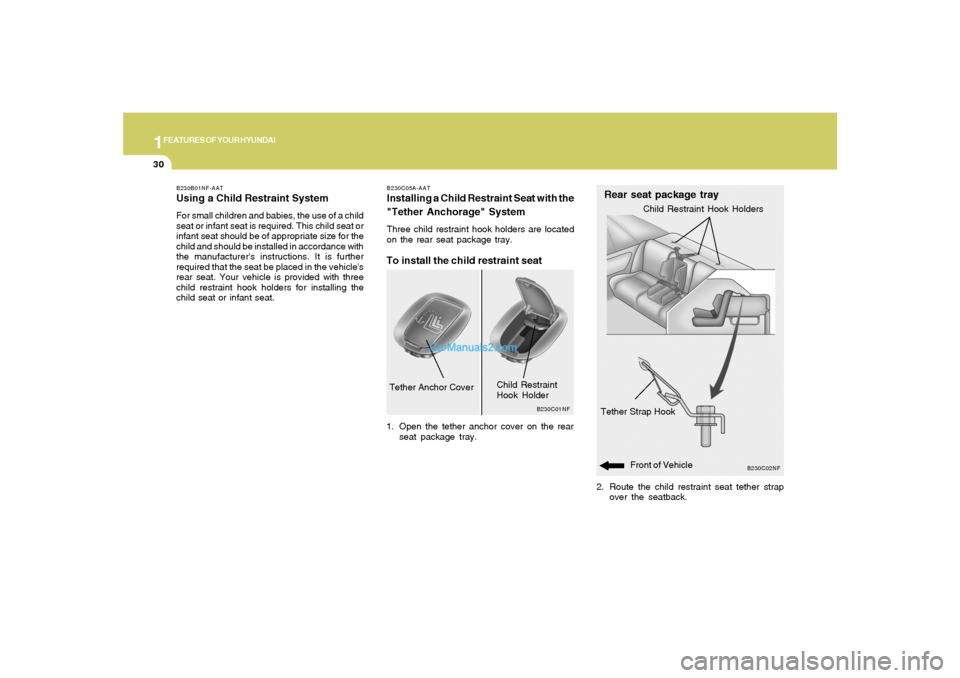 Hyundai Sonata 2007 Service Manual 1FEATURES OF YOUR HYUNDAI30
2. Route the child restraint seat tether strap
over the seatback.
B230C02NF
Rear seat package trayTether Strap Hook
Child Restraint Hook Holders
B230C05A-AATInstalling a Ch