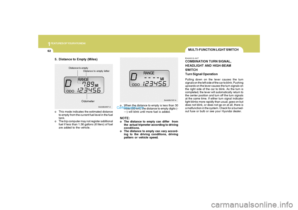 Hyundai Sonata 1FEATURES OF YOUR HYUNDAI62
MULTI-FUNCTION LIGHT SWITCHB340A01A-AATCOMBINATION TURN SIGNAL,
HEADLIGHT AND HIGH-BEAM
SWITCH
Turn Signal OperationPulling down on the lever causes the turn
signals on the