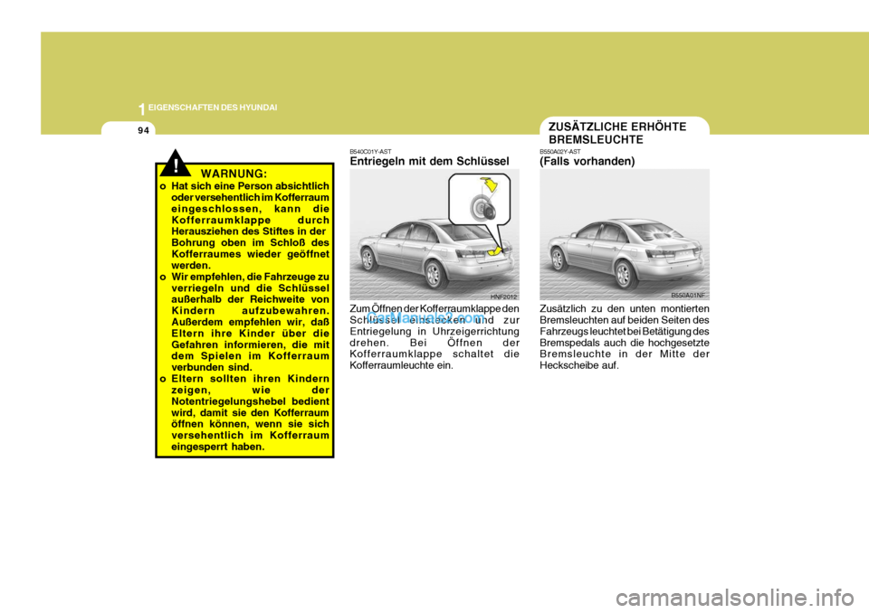 Hyundai Sonata 2007  Betriebsanleitung (in German) 1EIGENSCHAFTEN DES HYUNDAI
94
HNF2012
B540C01Y-AST Entriegeln mit dem Schlüssel Zum Öffnen der Kofferraumklappe den Schlüssel einstecken und zur Entriegelung in Uhrzeigerrichtungdrehen. Bei Öffnen