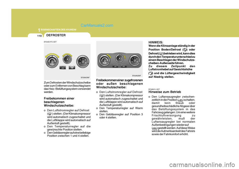 Hyundai Sonata 2007 Betriebsanleitung (in German) 1EIGENSCHAFTEN DES HYUNDAI
110
B730A01L-GST Hinweise zum Betrieb
o Den Luftansaugregler zwischen-
zeitlich in die Position (
) schalten,
damit kein Staub oder gesundheitsschädliche Abgase überdas B Hyundai Sonata 2007 Betriebsanleitung (in German) 1EIGENSCHAFTEN DES HYUNDAI
110
B730A01L-GST Hinweise zum Betrieb
o Den Luftansaugregler zwischen-
zeitlich in die Position (
) schalten,
damit kein Staub oder gesundheitsschädliche Abgase überdas B