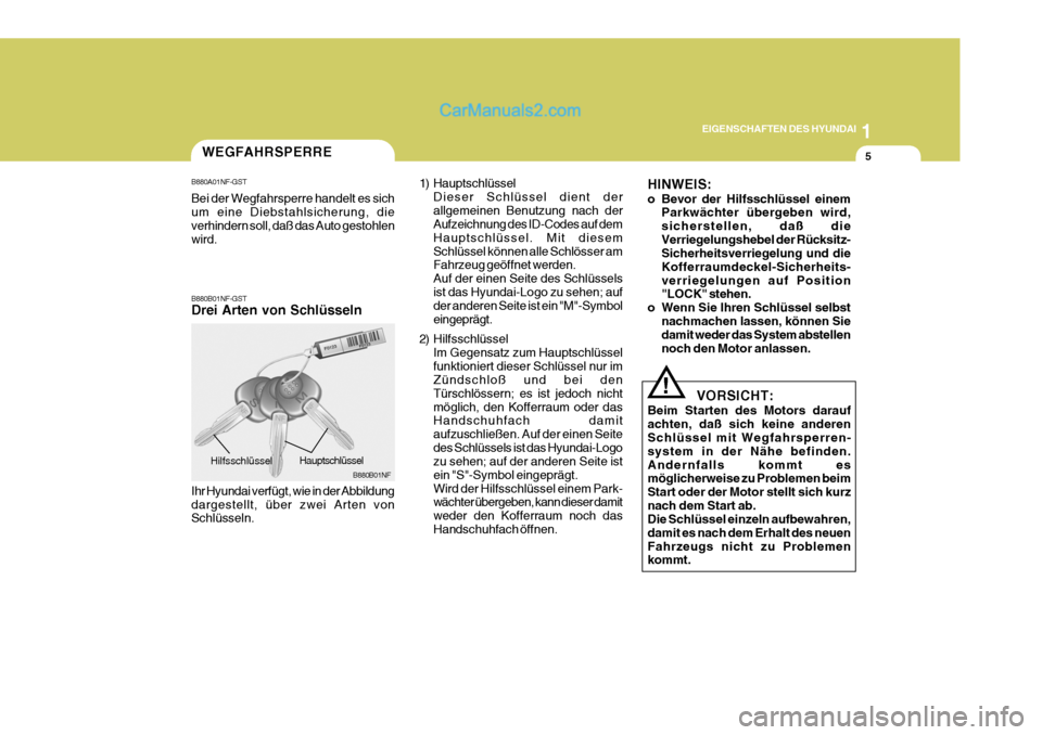 Hyundai Sonata 1
EIGENSCHAFTEN DES HYUNDAI
5
!
HINWEIS: 
o Bevor der Hilfsschlüssel einem
Parkwächter übergeben wird, sicherstellen, daß dieVerriegelungshebel der Rücksitz- Sicherheitsverriegelung und die Koffe