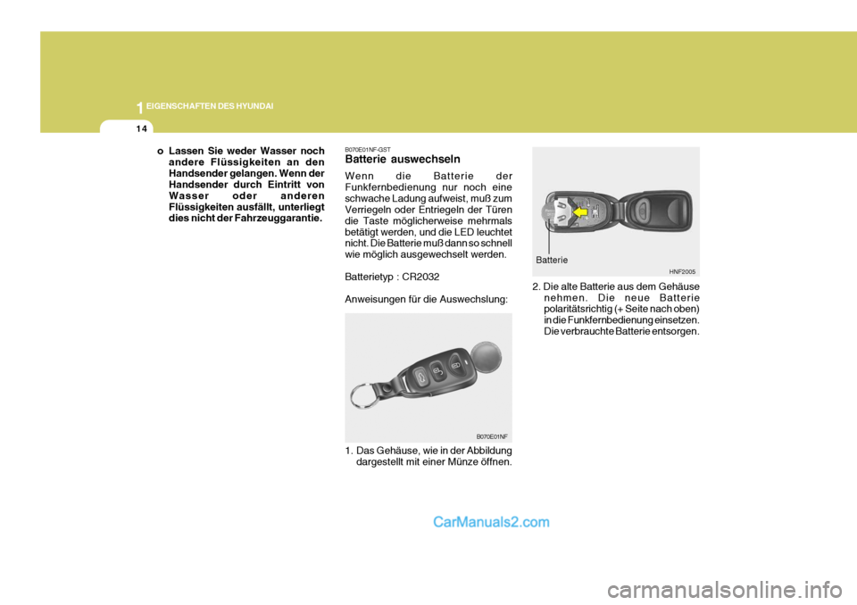 Hyundai Sonata 1EIGENSCHAFTEN DES HYUNDAI
14
HNF2005
Batterie
2. Die alte Batterie aus dem Gehäuse nehmen. Die neue Batterie polaritätsrichtig (+ Seite nach oben) in die Funkfernbedienung einsetzen. Die verbraucht