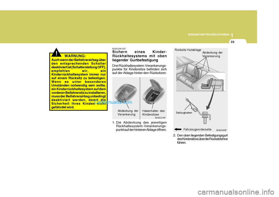 Hyundai Sonata 1
EIGENSCHAFTEN DES HYUNDAI
35
B230C02NF
2. Den oben liegenden Befestigungsgurt
des Kindersitzes über die Rücksitzlehne führen.
B230C03A-GST Sichern eines Kinder- Rückhaltesystems mit obenliegende