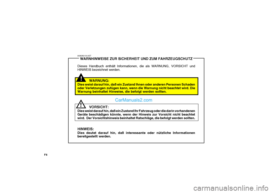 Hyundai Sonata F6
A090A01A-ASTWARNHINWEISE ZUR SICHERHEIT UND ZUM FAHRZEUGSCHUTZ
Dieses Handbuch enthält Informationen, die als WARNUNG, VORSICHT und HINWEIS bezeichnet werden.
WARNUNG:
Dies weist darauf hin, daß 