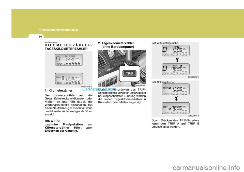 Hyundai Sonata 2007  Betriebsanleitung (in German) 1EIGENSCHAFTEN DES HYUNDAI
66
B310B02NF-GST KILOMETERZÄHLER/ TAGESKILOMETERZÄHLER 1. Kilometerzähler Der Kilometerzähler zeigt die Gesamtfahrstrecke in Kilometern oder Meilen an und hilft dabei, d