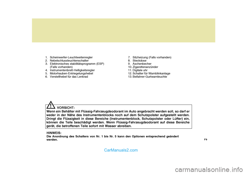 Hyundai Sonata 2007 Betriebsanleitung (in German) F9
1. Scheinwerfer-Leuchtweitenregler
2. Nebelschlussleuchtenschalter
3. Elektronisches stabilitätsprogramm (ESP)
(Falls vorhanden)
4. Instrumentenbrett-Helligkeitsregler
5. Motorhauben-Entriegelun Hyundai Sonata 2007 Betriebsanleitung (in German) F9
1. Scheinwerfer-Leuchtweitenregler
2. Nebelschlussleuchtenschalter
3. Elektronisches stabilitätsprogramm (ESP)
(Falls vorhanden)
4. Instrumentenbrett-Helligkeitsregler
5. Motorhauben-Entriegelun