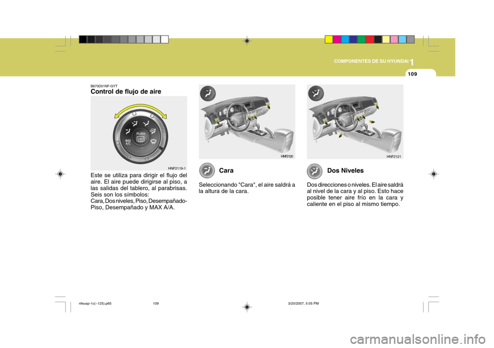Hyundai Sonata 2007 Manual del propietario (in Spanish) 1
COMPONENTES DE SU HYUNDAI
109
B670D01NF-GYT Control de flujo de aire Este se utiliza para dirigir el flujo del aire. El aire puede dirigirse al piso, a las salidas del tablero, al parabrisas.Seis so Hyundai Sonata 2007 Manual del propietario (in Spanish) 1
COMPONENTES DE SU HYUNDAI
109
B670D01NF-GYT Control de flujo de aire Este se utiliza para dirigir el flujo del aire. El aire puede dirigirse al piso, a las salidas del tablero, al parabrisas.Seis so