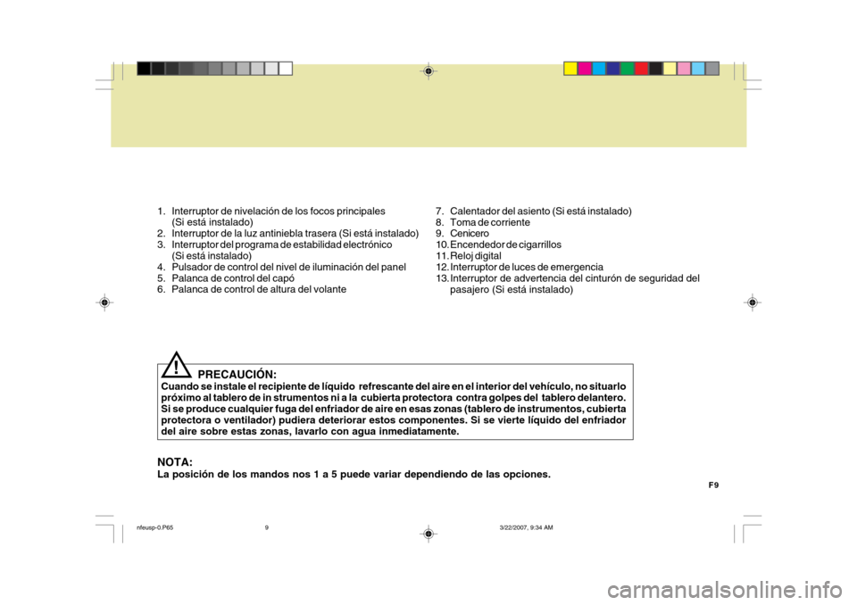 Hyundai Sonata 2007  Manual del propietario (in Spanish) F9
1. Interruptor de nivelación de los focos principales
(Si está instalado)
2. Interruptor de la luz antiniebla trasera (Si está instalado) 
3. Interruptor del programa de estabilidad electrónico
