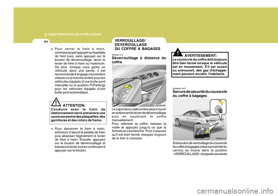 Hyundai Sonata 1CARACTÉRISTIQUES DE VOTRE HYUNDAI
94
!AVERTISSEMENT:
Le couvercle du coffre doit toujours être bien fermé lorsque le véhicule est en mouvement. Sil est ouvertou entrouvert, des gaz déchappe- m Hyundai Sonata 1CARACTÉRISTIQUES DE VOTRE HYUNDAI
94
!AVERTISSEMENT:
Le couvercle du coffre doit toujours être bien fermé lorsque le véhicule est en mouvement. Sil est ouvertou entrouvert, des gaz déchappe- m