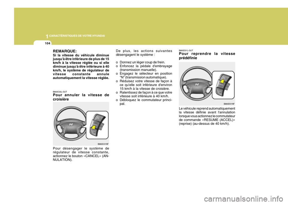 Hyundai Sonata 2007  Manuel du propriétaire (in French) 1CARACTÉRISTIQUES DE VOTRE HYUNDAI
104
Pour désengager le système de régulateur de vitesse constante,actionnez le bouton «CANCEL» (AN- NULATION).
B660C02L-GUT Pour annuler la vitesse de croisiè