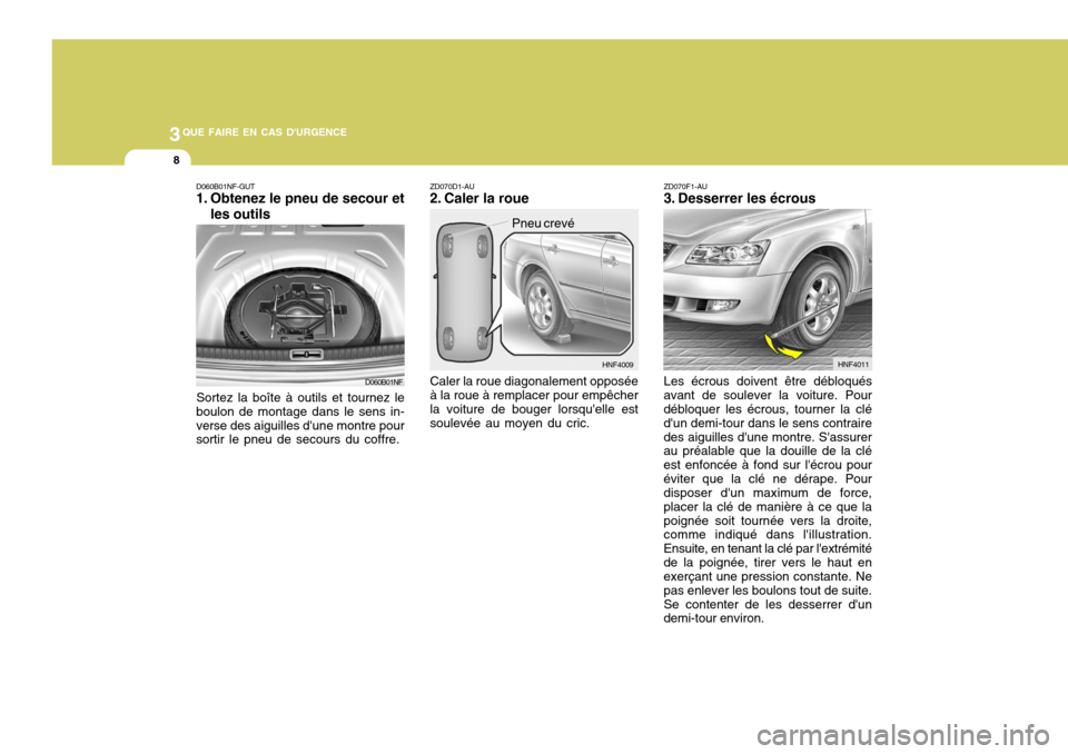 Hyundai Sonata 3QUE FAIRE EN CAS DURGENCE
8
D060B01NF HNF4009
D060B01NF-GUT
1. Obtenez le pneu de secour et
les outils
Sortez la boîte à outils et tournez le
boulon de montage dans le sens in- verse des aiguille Hyundai Sonata 3QUE FAIRE EN CAS DURGENCE
8
D060B01NF HNF4009
D060B01NF-GUT
1. Obtenez le pneu de secour et
les outils
Sortez la boîte à outils et tournez le
boulon de montage dans le sens in- verse des aiguille