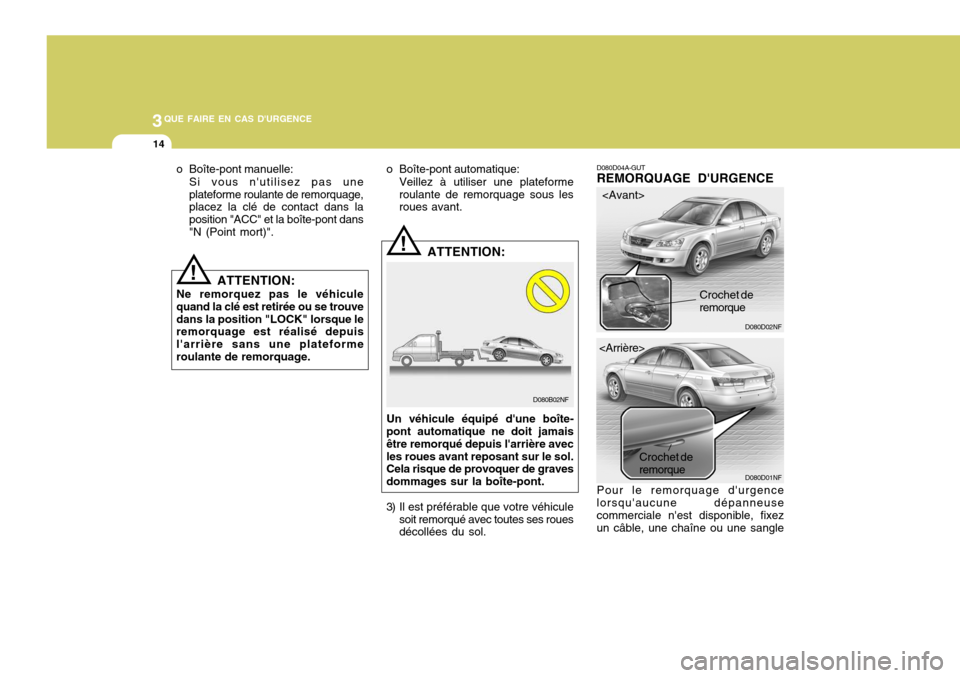 Hyundai Sonata 3QUE FAIRE EN CAS DURGENCE
14
D080D04A-GUT REMORQUAGE DURGENCE Pour le remorquage durgence lorsquaucune dépanneusecommerciale nest disponible, fixez un câble, une chaîne ou une sangle
!
!
Un v Hyundai Sonata 3QUE FAIRE EN CAS DURGENCE
14
D080D04A-GUT REMORQUAGE DURGENCE Pour le remorquage durgence lorsquaucune dépanneusecommerciale nest disponible, fixez un câble, une chaîne ou une sangle
!
!
Un v