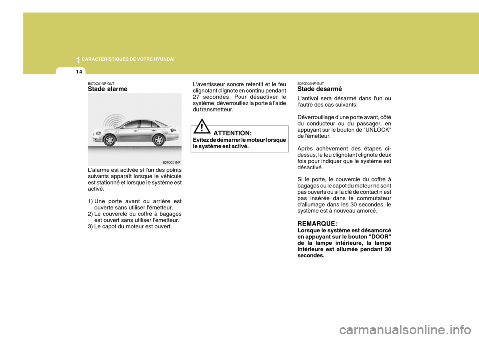 Hyundai Sonata 2007  Manuel du propriétaire (in French) 1CARACTÉRISTIQUES DE VOTRE HYUNDAI
14
! B070D02NF-GUT Stade desarmé Lantivol sera désarmé dans lun ou lautre des cas suivants: Déverrouillage dune porte avant, côté du conducteur ou du pass