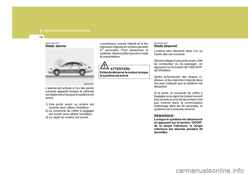 Hyundai Sonata 1CARACTÉRISTIQUES DE VOTRE HYUNDAI
14
! B070D02NF-GUT Stade desarmé Lantivol sera désarmé dans lun ou lautre des cas suivants: Déverrouillage dune porte avant, côté du conducteur ou du pass Hyundai Sonata 1CARACTÉRISTIQUES DE VOTRE HYUNDAI
14
! B070D02NF-GUT Stade desarmé Lantivol sera désarmé dans lun ou lautre des cas suivants: Déverrouillage dune porte avant, côté du conducteur ou du pass