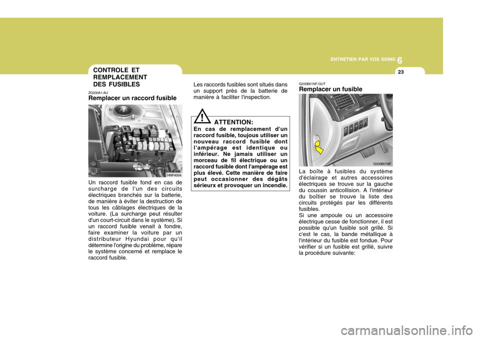 Hyundai Sonata 6
ENTRETIEN PAR VOS SOINS
23
G200B01NF-GUT Remplacer un fusible La boîte à fusibles du système
déclairage et autres accessoires électriques se trouve sur la gauche du coussin anticollision. A l Hyundai Sonata 6
ENTRETIEN PAR VOS SOINS
23
G200B01NF-GUT Remplacer un fusible La boîte à fusibles du système
déclairage et autres accessoires électriques se trouve sur la gauche du coussin anticollision. A l