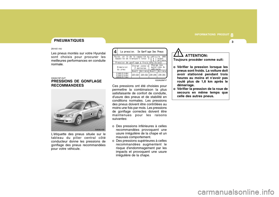Hyundai Sonata 8
INFORMATIONS PRODUIT
3PNEUMATIQUES
I030A01NF-GUT PRESSIONS DE GONFLAGE RECOMMANDEES
Létiquette des pneus située sur le
tableau du pilier central côté conducteur donne les pressions de gonflage Hyundai Sonata 8
INFORMATIONS PRODUIT
3PNEUMATIQUES
I030A01NF-GUT PRESSIONS DE GONFLAGE RECOMMANDEES
Létiquette des pneus située sur le
tableau du pilier central côté conducteur donne les pressions de gonflage