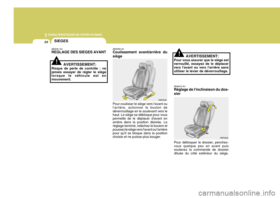 Hyundai Sonata 2007  Manuel du propriétaire (in French) 1CARACTÉRISTIQUES DE VOTRE HYUNDAI
20
!
!
SIEGES
ZB060A1-AU REGLAGE DES SIEGES AVANT
AVERTISSEMENT:
Risque de perte de contrôle : ne jamais essayer de régler le siège lorsque le véhicule est en m