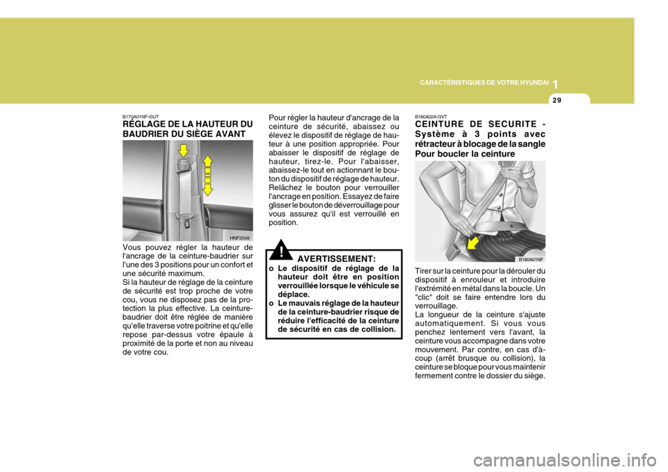 Hyundai Sonata 2007  Manuel du propriétaire (in French) 1
CARACTÉRISTIQUES DE VOTRE HYUNDAI
29
B180A02A-GVT CEINTURE DE SECURITE - Système à 3 points avecrétracteur à blocage de la sanglePour boucler la ceinture Tirer sur la ceinture pour la dérouler