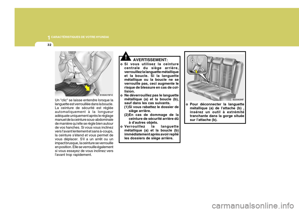 Hyundai Sonata 2007  Manuel du propriétaire (in French) 1CARACTÉRISTIQUES DE VOTRE HYUNDAI
32
!
o Pour déconnecter la languette
métallique (a) de lattache (b) , insérez un outil à extrémité tranchante dans la gorge située sur lattache (b). B220A0