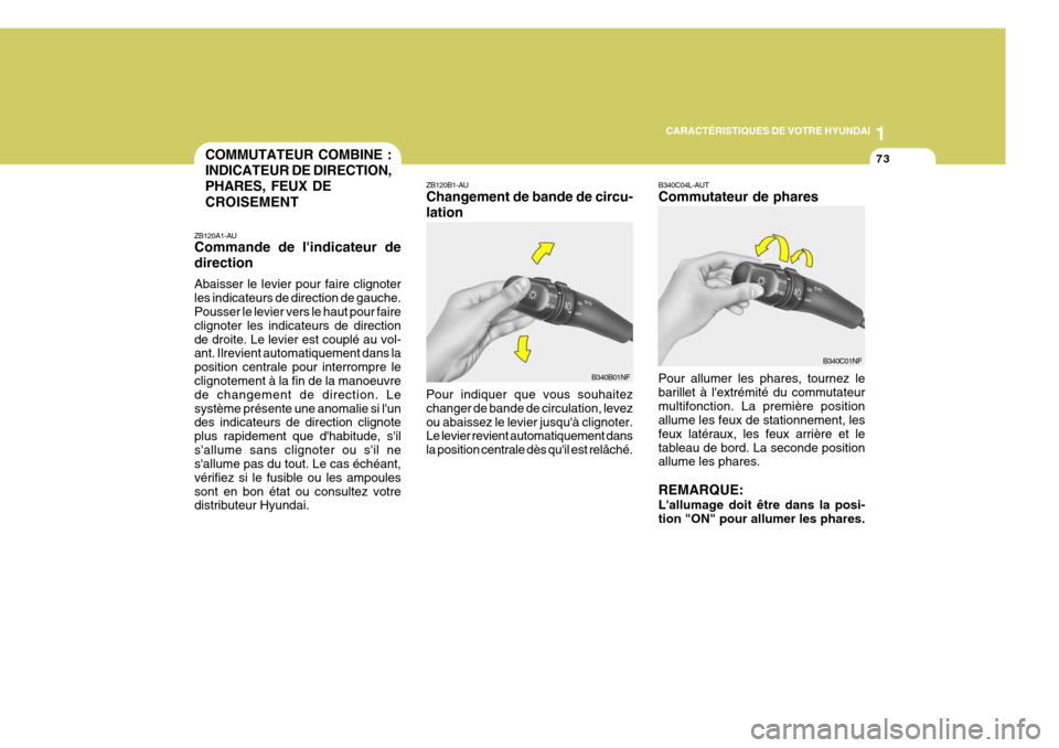 Hyundai Sonata 2007  Manuel du propriétaire (in French) 1
CARACTÉRISTIQUES DE VOTRE HYUNDAI
73
B340B01NF
COMMUTATEUR COMBINE : INDICATEUR DE DIRECTION,PHARES, FEUX DE CROISEMENT
ZB120A1-AU Commande de lindicateur de direction Abaisser le levier pour fair