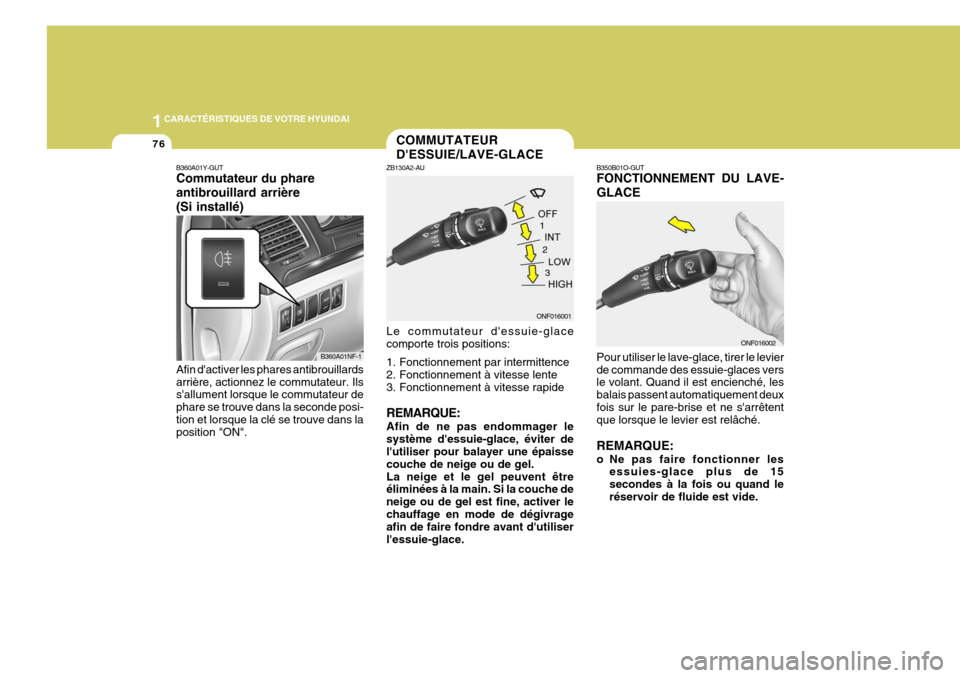 Hyundai Sonata 2007  Manuel du propriétaire (in French) 1CARACTÉRISTIQUES DE VOTRE HYUNDAI
76
ONF0160011
23
COMMUTATEUR DESSUIE/LAVE-GLACE
ZB130A2-AU Le commutateur dessuie-glace comporte trois positions: 
1. Fonctionnement par intermittence 
2. Fonctio