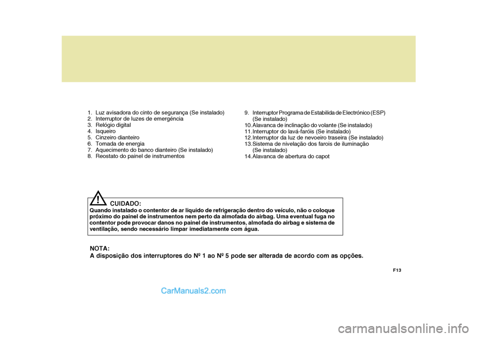Hyundai Sonata 1. Luz avisadora do cinto de segurança (Se instalado)
2. Interruptor de luzes de emergéncia
3. Relógio digital
4. Isqueiro
5. Cinzeiro dianteiro
6. Tomada de energia
7. Aquecimento do banco dia Hyundai Sonata 1. Luz avisadora do cinto de segurança (Se instalado)
2. Interruptor de luzes de emergéncia
3. Relógio digital
4. Isqueiro
5. Cinzeiro dianteiro
6. Tomada de energia
7. Aquecimento do banco dia