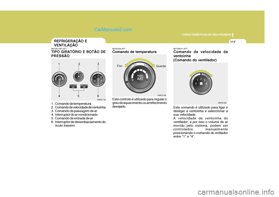 Hyundai Sonata 1
CARACTERÍSTICAS DO SEU HYUNDAI
117
B670B03Y-APT Comando da velocidade da ventoinha(Comando do ventilador)
REFRIGERAÇÃO E VENTILAÇÃO
B670A01NF-GPT TIPO GIRATÓRIO E BOTÃO DE PRESSÃO 
1. Comand