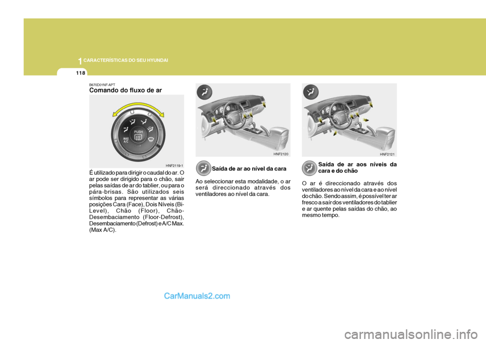 Hyundai Sonata 1CARACTERÍSTICAS DO SEU HYUNDAI
118
B670D01NF-APT Comando do fluxo de ar É utilizado para dirigir o caudal do ar. O ar pode ser dirigido para o chão, sair pelas saídas de ar do tablier, ou para op