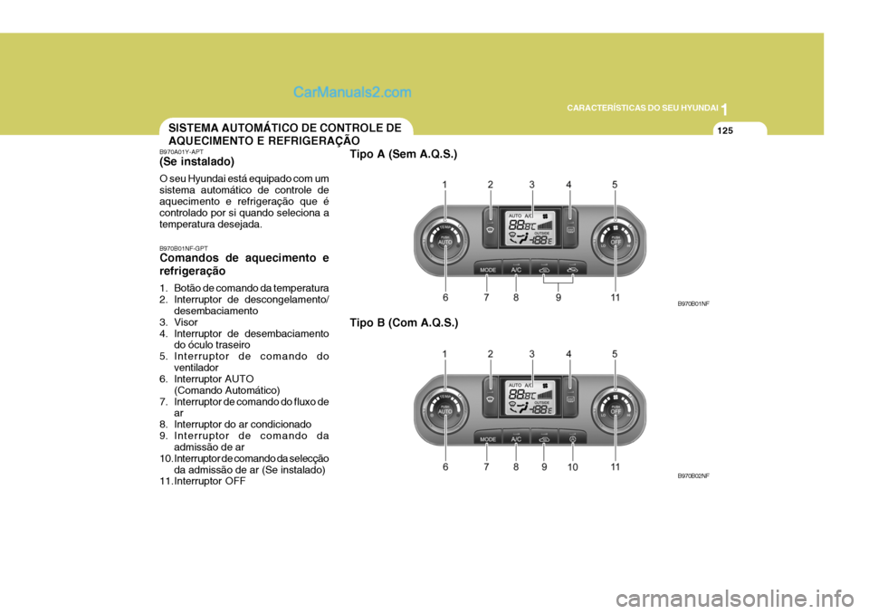 Hyundai Sonata 1
CARACTERÍSTICAS DO SEU HYUNDAI
125SISTEMA AUTOMÁTICO DE CONTROLE DE AQUECIMENTO E REFRIGERAÇÃO
B970A01Y-APT (Se instalado) O seu Hyundai está equipado com um sistema automático de controle dea