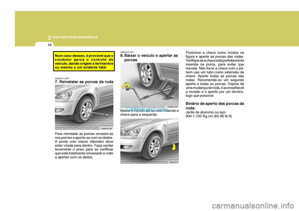 Hyundai Sonata 3 QUE FAZER NUMA EMERGÊNCIA
10
Baixar o veículo até ao solo rodando a chave para a esquerda.
D060I01E-GPT
8. Baixar o veículo e apertar as
porcas Posicione a chave como mostra na figura e aperte Hyundai Sonata 3 QUE FAZER NUMA EMERGÊNCIA
10
Baixar o veículo até ao solo rodando a chave para a esquerda.
D060I01E-GPT
8. Baixar o veículo e apertar as
porcas Posicione a chave como mostra na figura e aperte