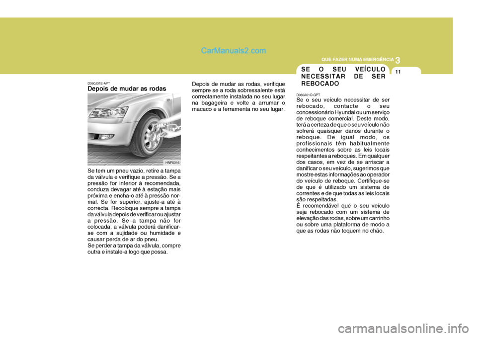 Hyundai Sonata 3
QUE FAZER NUMA EMERGÊNCIA
11
D060J01E-APT Depois de mudar as rodas Se tem um pneu vazio, retire a tampa da válvula e verifique a pressão. Se apressão for inferior à recomendada, conduza devagar Hyundai Sonata 3
QUE FAZER NUMA EMERGÊNCIA
11
D060J01E-APT Depois de mudar as rodas Se tem um pneu vazio, retire a tampa da válvula e verifique a pressão. Se apressão for inferior à recomendada, conduza devagar