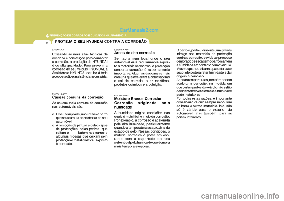 Hyundai Sonata 44PREVENÇÃO DE CORROSÃO E CUIDADOS NA APARÊNCIA
2
E010A01A-APT Utilizando as mais altas técnicas de desenho e construção para combater a corrosão, a produção da HYUNDAI é de alta qualidade. Hyundai Sonata 44PREVENÇÃO DE CORROSÃO E CUIDADOS NA APARÊNCIA
2
E010A01A-APT Utilizando as mais altas técnicas de desenho e construção para combater a corrosão, a produção da HYUNDAI é de alta qualidade.