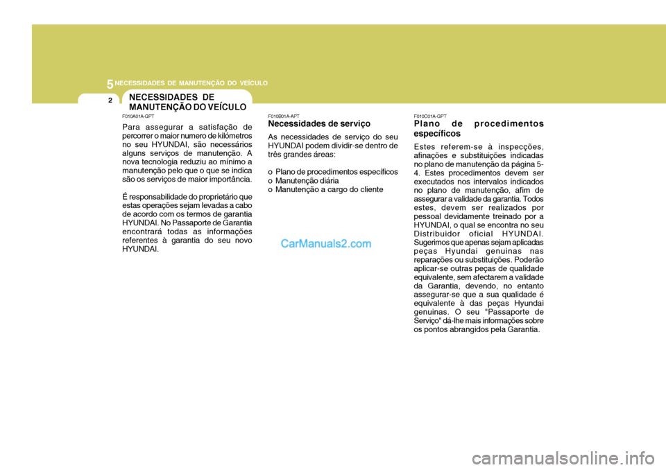Hyundai Sonata 5NECESSIDADES DE MANUTENÇÃO DO VEÍCULO
2NECESSIDADES DE MANUTENÇÃO DO VEÍCULO
F010C01A-GPT
Plano de procedimentosespecíficos
Estes referem-se à inspecções,
afinações e substituições indi