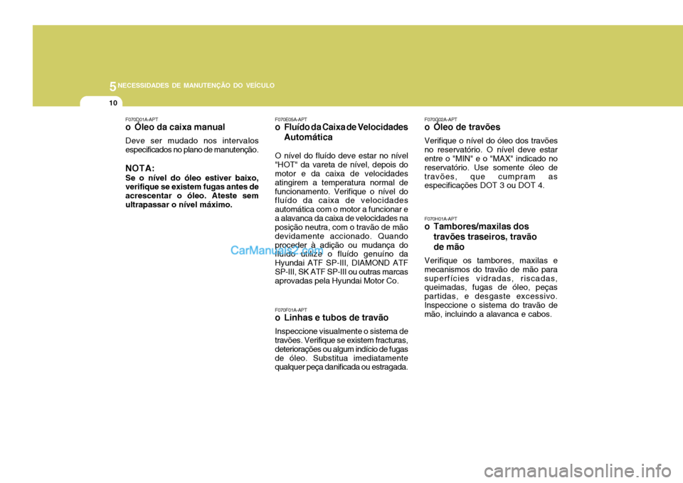 Hyundai Sonata 5NECESSIDADES DE MANUTENÇÃO DO VEÍCULO
10
F070F01A-APT
o Linhas e tubos de travão
Inspeccione visualmente o sistema de
travões. Verifique se existem fracturas, deteriorações ou algum indício d