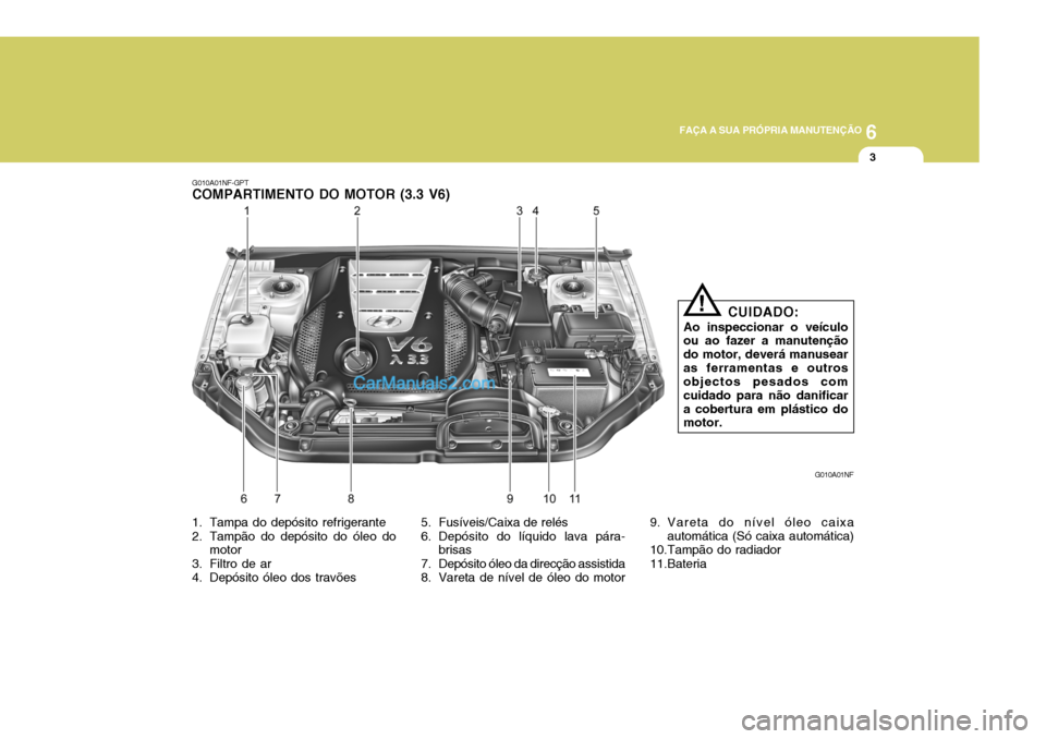 Hyundai Sonata 6
 FAÇA A SUA PRÓPRIA MANUTENÇÃO
3
G010A01NF-GPT
COMPARTIMENTO DO MOTOR (3.3 V6)
G010A01NF
CUIDADO:
Ao inspeccionar o veículo ou ao fazer a manutenção do motor, deverá manusearas ferramentas e