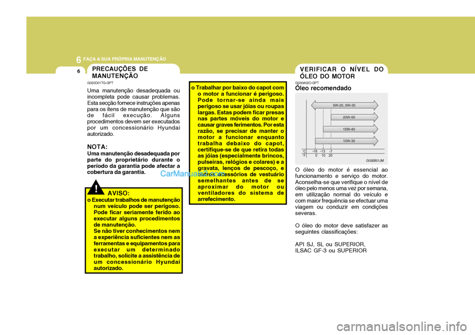 Hyundai Sonata 6 FAÇA A SUA PRÓPRIA MANUTENÇÃO
6
G030B01JM
G030A02O-GPT
Óleo recomendado VERIFICAR O NÍVEL DO ÓLEO DO MOTOR
O óleo do motor é essencial ao funcionamento e serviço do motor.Aconselha-se que 