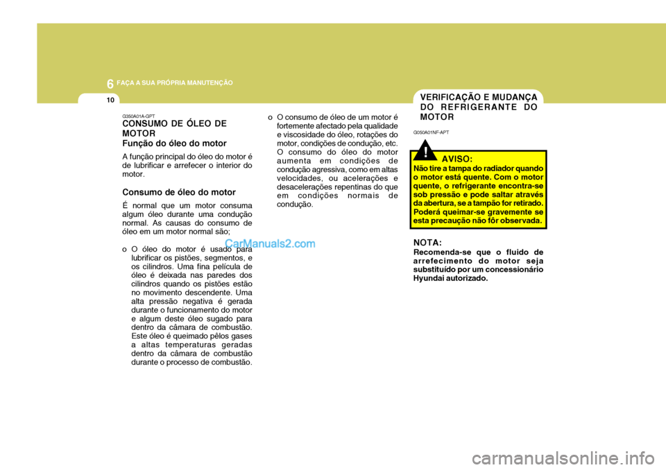 Hyundai Sonata 6 FAÇA A SUA PRÓPRIA MANUTENÇÃO
10
!
VERIFICAÇÃO E MUDANÇA DO REFRIGERANTE DOMOTOR
G050A01NF-APT
AVISO:
Não tire a tampa do radiador quando
o motor está quente. Com o motor quente, o refriger