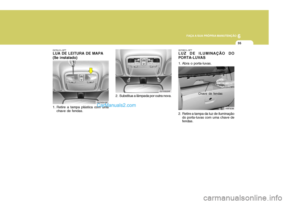 Hyundai Sonata 6
 FAÇA A SUA PRÓPRIA MANUTENÇÃO
35
G270K01L-GPT LUZ DE ILUMINAÇÃO DO PORTA-LUVAS 
1. Abra o porta-luvas. 
2. Retire a tampa da luz de iluminação
do porta-luvas com uma chave de fendas. HNF503