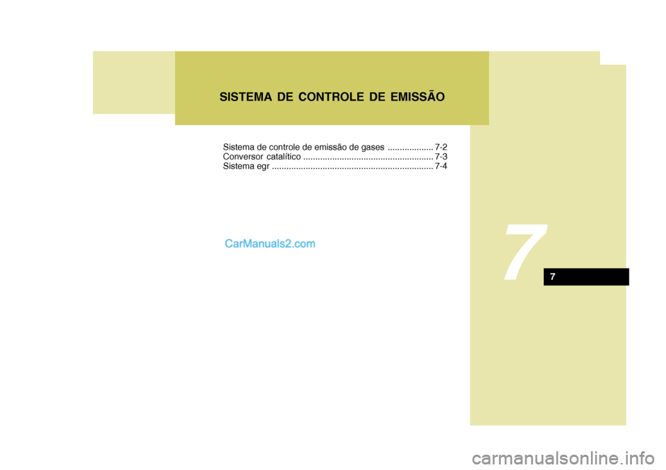 Hyundai Sonata 7
SISTEMA DE CONTROLE DE EMISSÃO
7
Sistema de controle de emissão de gases ................... 7-2 
Conversor catalítico ...................................................... 7-3
Sistema egr .....