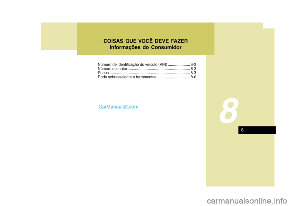 Hyundai Sonata 8
COISAS QUE VOCÊ DEVE FAZERInformações do Consumidor
8
Número de identificação do veículo (VIN) ..................... 8-2 
Número do motor ....................................................