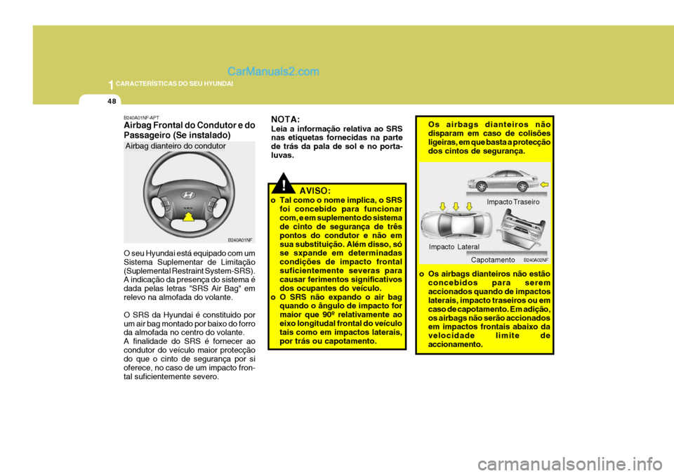 Hyundai Sonata 1CARACTERÍSTICAS DO SEU HYUNDAI
48
!
NOTA: Leia a informação relativa ao SRS nas etiquetas fornecidas na parte de trás da pala de sol e no porta-luvas.
AVISO:
o Tal como o nome implica, o SRS foi Hyundai Sonata 1CARACTERÍSTICAS DO SEU HYUNDAI
48
!
NOTA: Leia a informação relativa ao SRS nas etiquetas fornecidas na parte de trás da pala de sol e no porta-luvas.
AVISO:
o Tal como o nome implica, o SRS foi