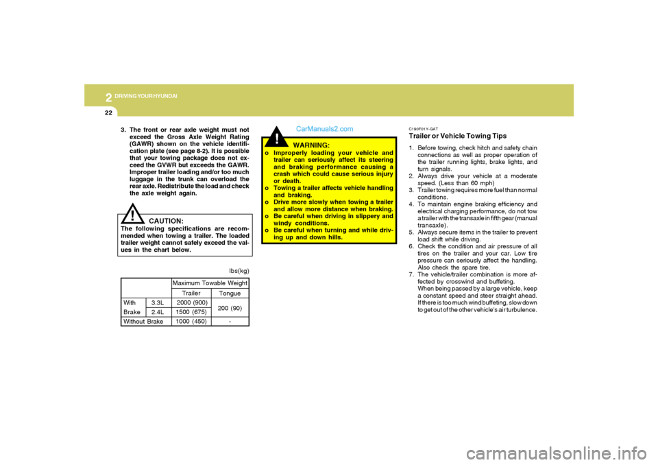 Hyundai Sonata 2006 Owners Manual 2
DRIVING YOUR HYUNDAI
22
C190F01Y-GATTrailer or Vehicle Towing Tips1. Before towing, check hitch and safety chain
connections as well as proper operation of
the trailer running lights, brake lights, Hyundai Sonata 2006 Owners Manual 2
DRIVING YOUR HYUNDAI
22
C190F01Y-GATTrailer or Vehicle Towing Tips1. Before towing, check hitch and safety chain
connections as well as proper operation of
the trailer running lights, brake lights,