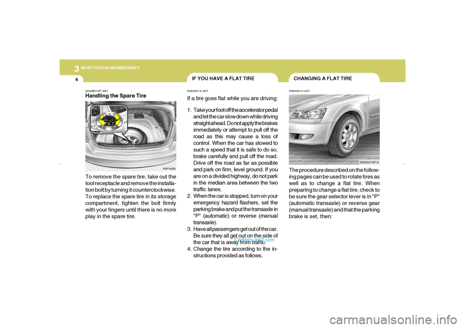 Hyundai Sonata 36WHAT TO DO IN AN EMERGENCY
CHANGING A FLAT TIRE
IF YOU HAVE A FLAT TIRE
D060A01A-AATThe procedure described on the follow-
ing pages can be used to rotate tires as
well as to change a flat tire. Whe