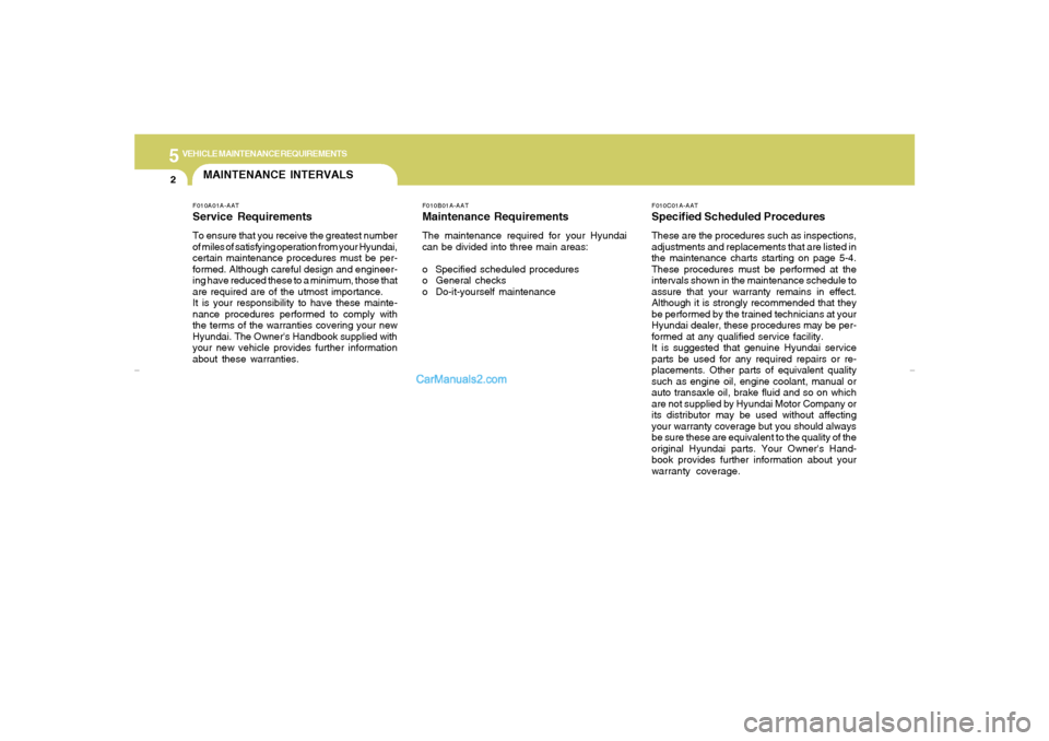 Hyundai Sonata 5
VEHICLE MAINTENANCE REQUIREMENTS2
F010C01A-AATSpecified Scheduled ProceduresThese are the procedures such as inspections,
adjustments and replacements that are listed in
the maintenance charts start