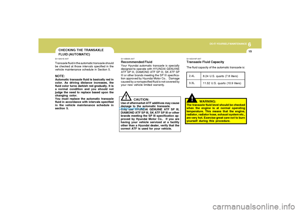 Hyundai Sonata 2006  Owners Manual 6
DO-IT-YOURSELF MAINTENANCE
15
CHECKING THE TRANSAXLE
FLUID (AUTOMATIC)G110A01E-AATTransaxle fluid in the automatic transaxle should
be checked at those intervals specified in the
vehicle maintenance