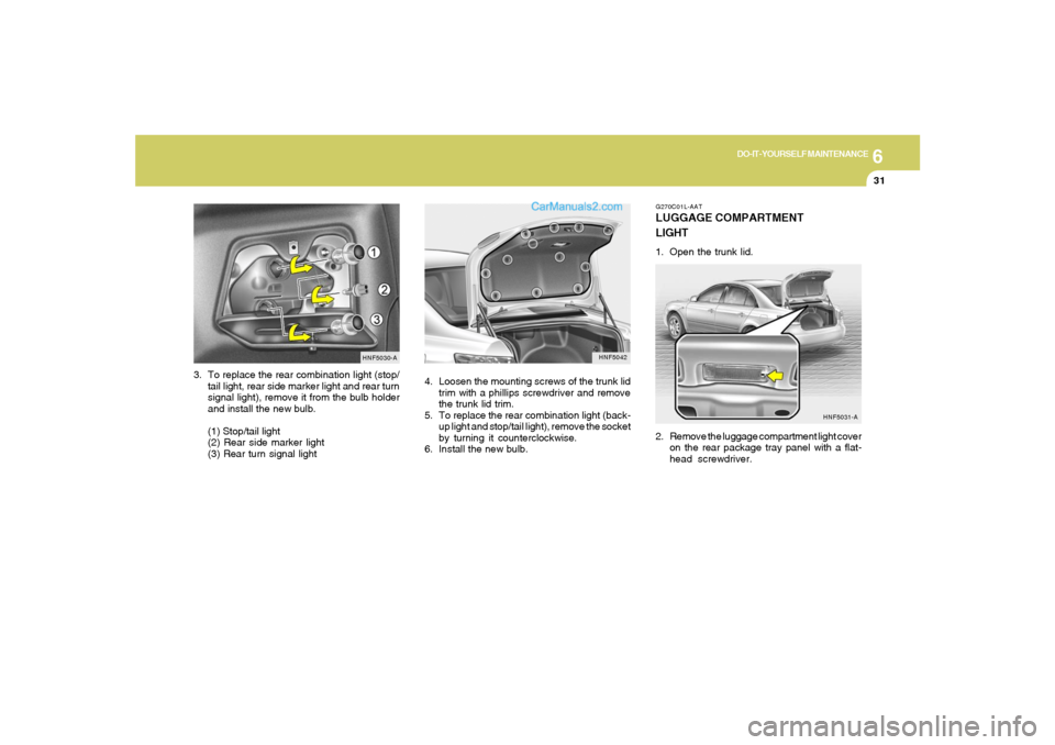 Hyundai Sonata 6
DO-IT-YOURSELF MAINTENANCE
31
3. To replace the rear combination light (stop/
tail light, rear side marker light and rear turn
signal light), remove it from the bulb holder
and install the new bulb.