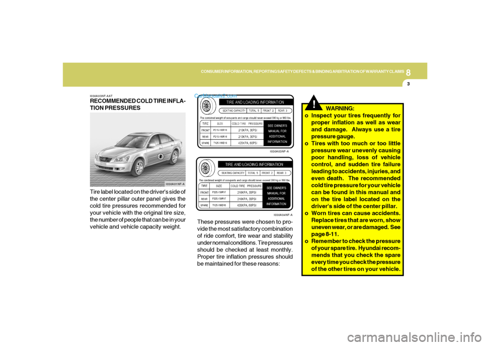 Hyundai Sonata 8
CONSUMER INFORMATION, REPORTING SAFETY DEFECTS & BINDING ARBITRATION OF WARRANTY CLAIMS
3
I030A03NF-AATRECOMMENDED COLD TIRE INFLA-
TION PRESSURES
Tire label located on the drivers side of
the cent Hyundai Sonata 8
CONSUMER INFORMATION, REPORTING SAFETY DEFECTS & BINDING ARBITRATION OF WARRANTY CLAIMS
3
I030A03NF-AATRECOMMENDED COLD TIRE INFLA-
TION PRESSURES
Tire label located on the drivers side of
the cent