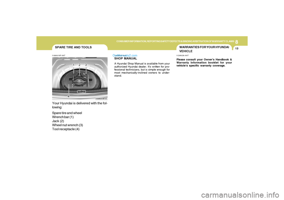 Hyundai Sonata 8
CONSUMER INFORMATION, REPORTING SAFETY DEFECTS & BINDING ARBITRATION OF WARRANTY CLAIMS
13
SPARE TIRE AND TOOLSI100A01NF-AATYour Hyundai is delivered with the fol-
lowing:
Spare tire and wheel
Wrenc Hyundai Sonata 8
CONSUMER INFORMATION, REPORTING SAFETY DEFECTS & BINDING ARBITRATION OF WARRANTY CLAIMS
13
SPARE TIRE AND TOOLSI100A01NF-AATYour Hyundai is delivered with the fol-
lowing:
Spare tire and wheel
Wrenc