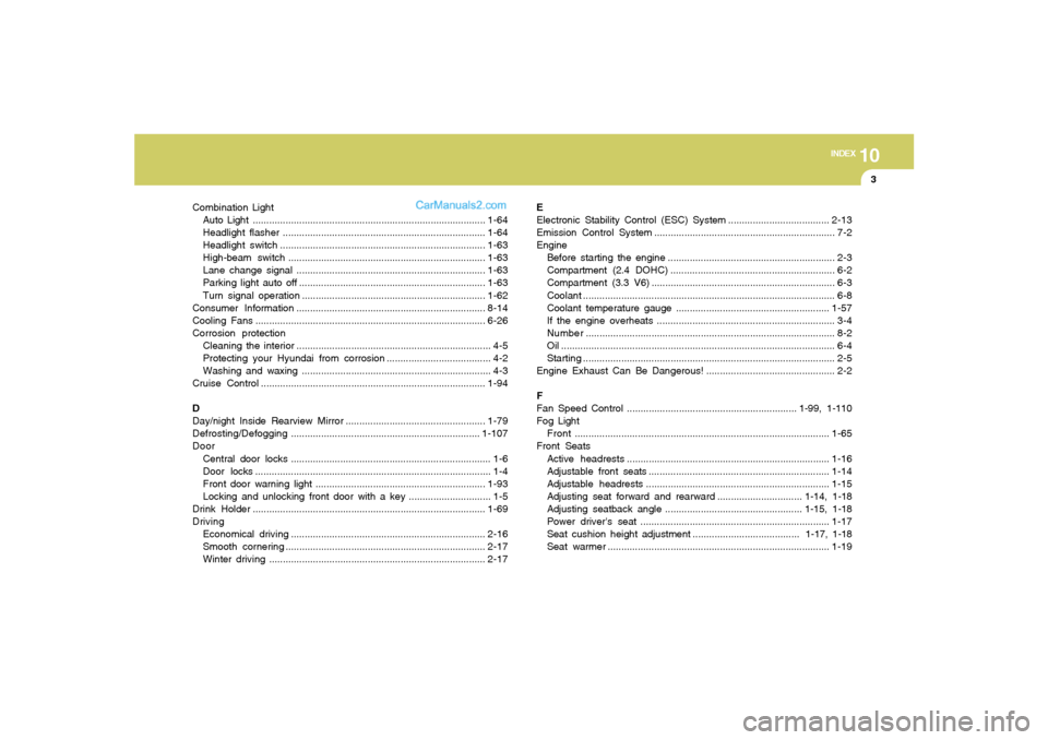 Hyundai Sonata 2006  Owners Manual 10
INDEX
3
Combination Light
Auto Light .....................................................................................1-64
Headlight flasher.....................................................